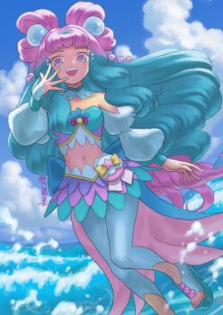  1girl blue_eyes blue_hair blue_leggings blue_nails blue_sky cloud cloudy_sky commentary_request crop_top cure_la_mer detached_collar eyelash_ornament fingernails frilled_skirt frills gradient_hair hair_ornament leggings long_hair long_sleeves looking_at_viewer magical_girl multicolored_eyes multicolored_hair nail_polish navel ocean off-shoulder_shirt off_shoulder open_mouth outdoors pants pearl_hair_ornament pink_eyes pink_hair pink_nails platform_shoes precure puffy_long_sleeves puffy_sleeves ruomikimoto shirt shoes skirt sky smile solo sphere_hair_ornament toenail_polish toenails tropical-rouge!_precure very_long_hair water 