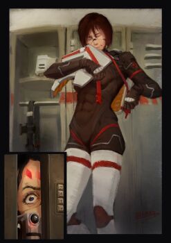  2girls absurdres android armor b1_shaman_b1 black_bodysuit black_hair bodysuit breastplate camcorder camera closed_eyes commentary_request covered_abs facial_mark forehead_mark hiding highres holding holding_camera in_locker joints kolibri_(signalis) locker locker_room multiple_girls peeking_out robot_joints short_hair shoulder_armor signalis skin_tight storch_(signalis) thighhighs undressing video_camera white_thighhighs wide-eyed yuri 