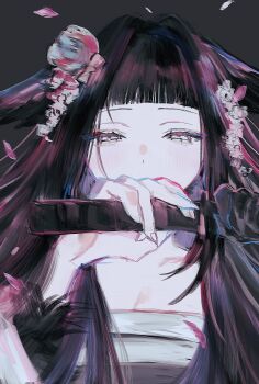  1girl absurdres arknights asymmetrical_gloves black_hair chest_sarashi commentary_request fighting_stance fingernails flower gloves hair_flower hair_ornament hair_wings hand_on_hilt highres holding inmybagg japanese_clothes kimono long_fingernails long_hair long_sidelocks looking_at_viewer mio_(arknights) pink_flower ready_to_draw sarashi sharp_fingernails sheath sidelocks simple_background solo unsheathing very_long_sidelocks weapon white_eyes 