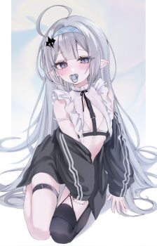  1girl ahoge bare_shoulders bikini black_jacket black_thighhighs blue_hairband blush chedisu female_tyrant_(stella_sora) full_body grey_hair hair_spread_out hairband hashtag-only_commentary jacket long_hair looking_at_viewer off_shoulder open_clothes open_jacket outside_border over-kneehighs pacifier pillarboxed pointy_ears purple_eyes single_over-kneehigh single_thighhigh sitting sleeveless solo stella_sora stomach strap_slip string_bikini striped_clothes striped_jacket swimsuit thighhighs track_jacket tyrant_(stella_sora) variant_set vertical-striped_clothes vertical-striped_jacket very_long_hair white_bikini 