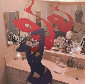  2girls acrobatic_silky_(dandadan) antennae arm_behind_head bathroom black_jacket black_skirt blonde_hair bow bowtie breasts cowboy_shot dandadan derivative_work dewa-chan eyeliner green_hood hair_between_eyes half_mask highres holding holding_phone jacket loafers long_hair loose_socks makeup mask medium_breasts multiple_girls phone photo_background pleated_skirt red_bow red_bowtie red_eyeliner red_eyes red_hair school_uniform shiratori_aira_(dandadan) shirt shoes short_hair sink skirt socks sparkle suit_jacket taking_picture teeth vamola_(dandadan) very_long_hair white_shirt white_socks 