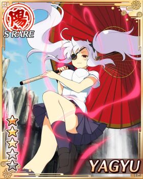  1girl aura blue_necktie blue_skirt breasts card_(medium) closed_mouth day eyepatch game_cg hanzou_academy_school_uniform large_breasts long_hair looking_at_viewer midair necktie non-web_source official_alternate_costume official_art oil-paper_umbrella red_eyes school_uniform senran_kagura senran_kagura_new_wave shirt shuriken shuriken_hair_ornament skirt smile solo twintails umbrella wavy_hair weapon white_hair white_shirt yagyu_(senran_kagura) 