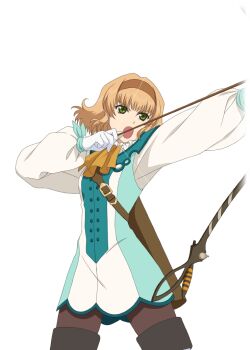  1girl artist_request ascot blonde_hair bow_(weapon) breasts brown_hairband brown_pantyhose commentary cowboy_shot drawing_bow game_cg gloves green_eyes hairband holding holding_bow_(weapon) holding_weapon looking_ahead medium_breasts natalia_luzu_kimlasca_lanvaldear official_art open_mouth orange_ascot pantyhose quiver short_hair solo standing tales_of_(series) tales_of_asteria tales_of_the_abyss third-party_source transparent_background weapon white_gloves 