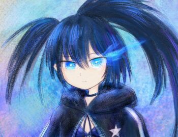  1girl amagami_ato black_rock_shooter black_rock_shooter_(character) blue_eyes blue_fire blue_hair commentary_request fire flaming_eye glowing glowing_eye looking_at_viewer solo twintails uneven_twintails upper_body 