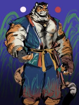 1boy abs absurdres animal_ears bara claws clenched_hand closed_mouth dopey_(dopq) fingerless_gloves furry furry_male gloves heterochromia highres lee_taeho_(xxl) looking_at_viewer male_focus muscular muscular_male nipples pectorals sketch smile tail tiger_boy tiger_ears tiger_stripes tiger_tail xxl_woofia 