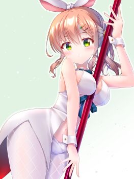  1girl :o absurdres animal_ears between_breasts blush breasts brown_hair clothing_cutout coattails commentary cowboy_shot detached_collar dot_nose fake_animal_ears fishnet_pantyhose fishnets getsuyoshi gradient_background green_background green_eyes hair_ornament hairclip highres large_breasts looking_at_viewer navel pantyhose parted_lips playboy_bunny pole ponytail rabbit_ears short_hair short_ponytail sidelocks simple_background slow_start solo stomach_cutout tokura_eiko white_pantyhose white_wrist_cuffs wrist_cuffs 