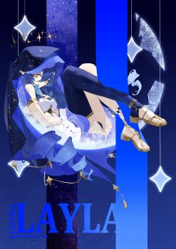  1girl absurdres armlet baiyinzhideng blue_background blue_hair blue_veil breasts character_name chinese_commentary commentary_request dress drill_hair english_text fetal_position genshin_impact gladiator_sandals hair_between_eyes halo highres jewelry knees_up layla_(genshin_impact) looking_at_viewer medium_breasts pointy_ears sandals single_thighhigh solo thighhighs variant_set veil white_dress yellow_eyes 