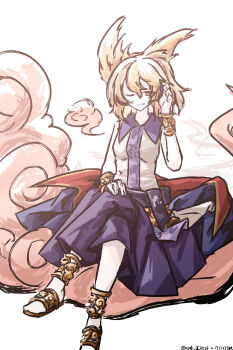  1girl absurdres artist_name blonde_hair bracelet breasts commentary_request crossed_legs dated earmuffs highres jewelry looking_at_viewer medium_hair one-hour_drawing_challenge one_eye_closed pointy_hair purple_skirt sandals shirt skirt sleeveless sleeveless_shirt small_breasts smile solo touhou toyosatomimi_no_miko ve1024 yellow_eyes yellow_shirt 