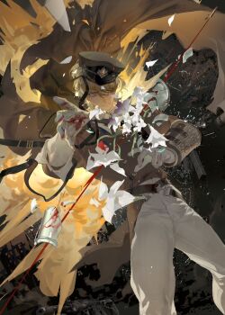 1boy arm_guards armor assault_rifle belt blonde_hair blood blood_on_gloves bloody_stream blue_eyes broken_armor brown_cape brown_jacket bullet cape clenched_teeth falling flamenlynn flower from_above gloves gun hair_over_one_eye hat highres jacket looking_at_viewer male_focus military_hat multiple_belts original pants rifle teeth tilted_headwear weapon white_flower white_gloves white_pants