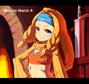  1girl blonde_hair blue_eyes blueberry_(5959) braid closed_mouth crafting_shop_daughter_(monster_hunter) detached_sleeves headband highres long_hair long_sleeves looking_at_viewer midriff monster_hunter_(series) monster_hunter_4 navel sleeves_past_wrists smile solo striped_sleeves 