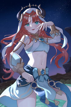  1girl absurdres aqua_eyes black_horns blue_skirt breasts brooch commentary_request cowboy_shot crop_top fake_horns genshin_impact hand_up harem_outfit highres horns jewelry long_hair long_sleeves looking_at_viewer midriff navel night nilou_(genshin_impact) open_mouth outdoors puffy_long_sleeves puffy_sleeves red_hair skirt sky small_breasts smile solo star_(sky) starry_sky veil white_veil yukineco_0928 