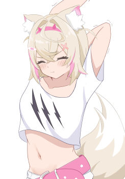  1girl animal_ear_fluff animal_ears bandaid bandaid_hair_ornament belt blonde_hair blush breasts closed_eyes closed_mouth commentary cropped_shirt dog_ears dog_girl dog_tail hair_ornament highres hololive hololive_english jiumonji mococo_abyssgard mococo_abyssgard_(1st_costume) multicolored_hair navel pink_belt pink_streaks shirt short_hair small_breasts solo streaked_hair stretching tail two_side_up virtual_youtuber white_shirt x_hair_ornament 