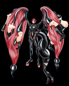  1girl absorption absorption_vore absurdres assimilation boots elbow_gloves empress femdom gloves highres leather leather_clothing leather_gloves leather_pants leather_suit leather_thighhighs nagaomono_(artist) pants red_hair short_hair tail_vore thigh_boots thighhighs vore wings 
