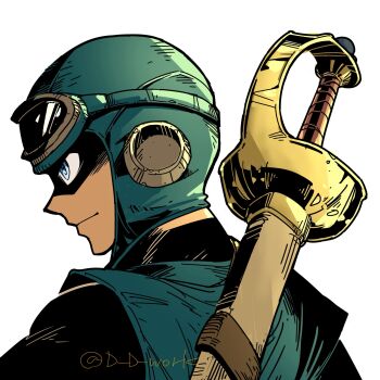  1boy aviator_cap aviator_goggles black_bodysuit blue_eyes blue_hat blue_tunic bodysuit closed_mouth commentary_request d_d_work dragon_quest dragon_quest_ii goggles goggles_on_head hat highres male_focus partially_shaded_face prince_of_lorasia sheath sheathed short_hair solo sword sword_on_back tunic twitter_username upper_body weapon weapon_on_back 