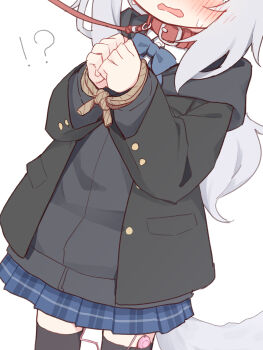  !? 1girl bdsm belt_collar black_jacket black_thighhighs blue_bow blue_bowtie blue_skirt blush bondage bound bound_wrists bow bowtie collar eyes_out_of_frame fox_tail grey_hair hands_up head_out_of_frame highres jacket leash loli long_hair long_sleeves miniskirt open_mouth original plaid_clothes plaid_skirt pleated_skirt ponytail red_collar remote_control_vibrator rope sex_toy shio_(ayanepuna) simple_background skirt slave solo tail thighhighs vibrator vibrator_cord vibrator_in_thighhighs white_background yuune_(ayanepuna) 