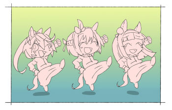  3girls :d ;d ^_^ animal_ears arm_up beer_hsk blue_background bow braid chibi clenched_hand closed_eyes commentary_request dancing ear_bow gradient_background green_background hair_between_eyes hair_ribbon hairband horse_ears horse_girl horse_tail long_hair multiple_girls one_eye_closed open_mouth pants ponytail ribbon shirt silence_suzuka_(umamusume) smile special_week_(umamusume) tail tokai_teio_(umamusume) umamusume very_long_hair 