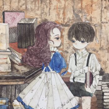  1boy 1girl acrylic_paint_(medium) black_hair blue_dress book brown_background brown_hair closed_mouth commentary_request dress highres holding holding_book indoors karintoun long_hair original painting_(medium) pale_skin purple_hair shorts signature suspenders traditional_media upper_body watercolor_(medium) 