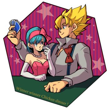  1boy 1girl blonde_hair blue_eyes blue_hair bow bowtie bulma card dragon_ball dragonball_z dramatica dress elbow_gloves english_text formal_clothes gloves hair_bow jewelry necklace open_clothes open_shirt overalls ribbon shirt smile son_goku star_(symbol) super_saiyan super_saiyan_1 suspenders table turtleneck  rating:Questionable score:17 user:danbooru