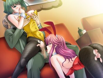  1boy 2girls age_difference animal_ears bald bisexual_female blush breasts censored crepe_(company) dutch_angle fake_animal_ears grabbing_another's_breast green_hair groping incest indoors licking long_hair multiple_girls no_bra old old_man pantyhose penis playboy_bunny pussy rabbit_ears sex sex_slave_widow short_hair siblings sisters vaginal widow_(dragonaut) wrist_cuffs 