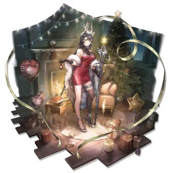 1girl animal_ears antlers arknights armchair balloon bare_shoulders belt black_gloves black_hair black_slippers black_thighhighs box breasts candle candlestand chair christmas christmas_ornaments christmas_present christmas_tree cleavage closed_mouth coat couch deer_antlers deer_ears deer_girl dress feather_boa fire fireplace full_body gift gift_box gloves heart_balloon high_heels highres holding holding_staff horns indoors jewelry large_breasts long_hair looking_at_viewer medium_breasts official_alternate_costume official_art pencil_dress red_dress ribbon short_dress single_thighhigh sleeveless sleeveless_dress slippers smile solo staff standing star_(symbol) strappy_heels thigh_strap thighhighs transparent_background tsukinogi_(arknights) tsukinogi_(dance)_(arknights) ueno_zousui wooden_floor yellow_eyes 