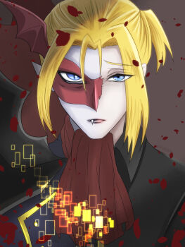  1boy alternate_costume black_cape blonde_hair blood blue_eyes cape digimon digimon_(creature) digimon_ghost_game disguise looking_at_viewer pale_skin s2o9o3os2 simple_background vamdemon vampire 