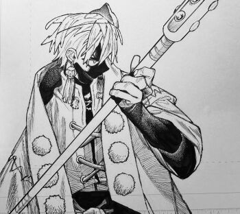  1boy bridal_gauntlets coat cross-laced_clothes earrings gachiakuta greyscale hand_up haori highres japanese_clothes jewelry mask mask_on_head monochrome official_art polearm pom_pom_(clothes) simple_background solo tassel tassel_earrings traditional_media upper_body urana_kei weapon zanka_nijiku 