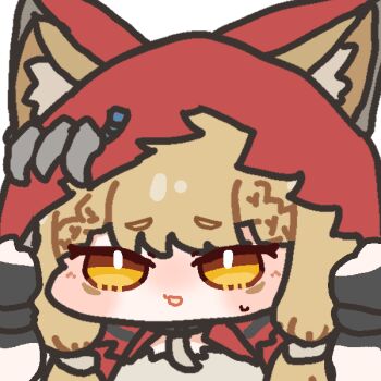  animal_ears arknights arknights:_endfield black_gloves blonde_hair cape commentary ears_through_headwear ears_through_hood gloves hood hood_up hooded_cape long_hair oldstore open_mouth red_cape rossi_(arknights) untranslatable_commentary wolf_ears wolf_girl yellow_eyes 