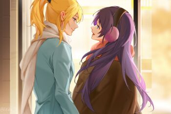  2girls ayase_eli black_scrunchie blonde_hair blue_eyes coat commentary_request green_eyes highres k.jhitsugi long_hair looking_at_another love_live! love_live!_school_idol_project multiple_girls open_mouth ponytail purple_hair scarf scrunchie smile tojo_nozomi twitter_username white_scarf yuri 