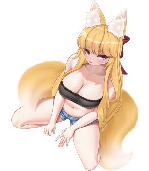  1girl absurdres animal_ear_fluff animal_ears blonde_hair breasts cleavage fluffy fox_ears fox_girl fox_tail frills full_body gradient_tail hair_ribbon highres large_breasts lips long_hair looking_at_viewer multiple_tails on_ground orange_tail original purple_eyes ribbon shorts sitting solo spread_legs stomach tail takie_arts two_tails very_long_hair white_background  rating:Sensitive score:4 user:Takie_Arts