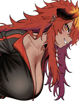  black_jacket blonde_hair breasts collarbone commentary_request dark-skinned_female dark_skin dragon_horns dragon_king_naga highres horns jacket large_breasts looking_at_viewer multicolored_hair no_bra official_art orange_eyes otosama pointy_ears red_hair senki_survival_saga_-_isekai_no_unmei_wo_kaketa_mujintou_fujun_iseikouyuu sharp_teeth simple_background slit_pupils smile teeth track_jacket white_background  rating:Sensitive score:16 user:danbooru