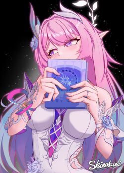  1girl absurdres aqua_hair artist_name as_i've_written_(honkai:_star_rail) bare_shoulders bilingual_commentary book breasts commentary cyrene_(demiurge)_(honkai:_star_rail) cyrene_(honkai:_star_rail) diamond-shaped_pupils diamond_(shape) english_commentary flower hair_flower hair_ornament haoyitay highres holding holding_book honkai:_star_rail honkai_(series) large_breasts long_hair mixed-language_commentary multicolored_hair pink_hair pointy_ears purple_eyes sky star_(sky) starry_sky symbol-shaped_pupils two-tone_hair very_long_hair 