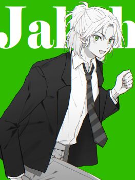  1boy black_jacket black_necktie character_name collared_shirt dark_moon:_the_blood_altar green_background green_eyes grey_pants jacket jakah_(dark_moon:_the_blood_altar) long_hair long_sleeves necktie open_mouth pants ponytail school_uniform shirt simple_background smile solo striped_necktie user_gmhz2777 very_long_hair white_hair white_shirt  rating:General score:0 user:Gox