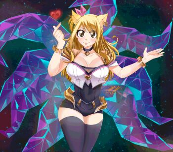  1girl ahri_(league_of_legends) ahri_(league_of_legends)_(cosplay) animal_ears bare_shoulders black_thighhighs blonde_hair blush breasts brown_eyes choker claudia_dragneel cleavage cosplay fairy_tail female_focus fox_ears fox_tail hair_ribbon heart k/da_(league_of_legends) k/da_ahri large_breasts league_of_legends long_hair looking_at_viewer lucy_heartfilia ribbon smile solo tail thighhighs  rating:Questionable score:13 user:CeliaLover