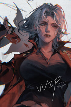  1girl black_shirt blue_eyes breasts coat collared_shirt crop_top cropped_torso dante_(devil_may_cry) devil_may_cry devil_may_cry_(series) devil_may_cry_4 devil_sword_dante english_text fingerless_gloves genderswap genderswap_(mtf) gloves high_collar highres holding holding_sword holding_weapon jacket large_breasts looking_at_viewer medium_hair navel one_eye_closed over_shoulder parted_lips red_coat red_lips shirt signature simple_background smile solo solo_focus sukly sword sword_over_shoulder unfinished weapon weapon_over_shoulder white_hair 
