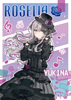  1girl alternate_costume bang_dream! bang_dream!_girls_band_party! beamed_eighth_notes black_dress black_gloves black_ribbon brown_eyes character_name chinese_commentary commentary_request corset dress eighth_note english_text flower frilled_dress frills gloves gothic_lolita grey_gloves grey_hair hand_in_own_hair hat hat_flower highres layered_dress lolita_fashion long_hair long_sleeves looking_at_viewer migolu minato_yukina musical_note nuoweisenlin_tongren_gongzuoshi pink_flower purple_flower ribbon rose roselia_(bang_dream!) smile solo yellow_eyes 