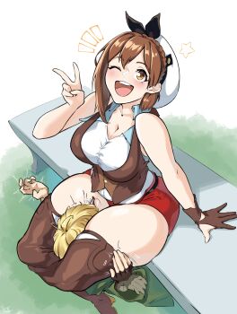 1boy 1girl atelier_(series) atelier_ryza atelier_ryza_3 beret between_thighs blonde_hair blush braid breasts brown_eyes brown_gloves brown_hair brown_thighhighs brown_vest camerata character_request cleavage collared_shirt crown_braid gloves hand_up hat highres large_breasts leather leather_belt leather_gloves no_bracelet no_necklace one_eye_closed open_mouth red_shorts reisalin_stout scissorhold shirt short_hair short_shorts shorts single_glove sleeveless smile solo solo_focus thick_thighs thighhighs thighs v vest white_hat 