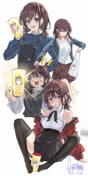  1girl absurdres alternate_breast_size_(larger) anger_vein black_overalls black_skirt black_sweater_vest black_thighhighs blue_eyes blue_jacket blue_sweater breasts brown_hair chinese_commentary commentary_request cup dated disposable_cup drinking_straw drinking_straw_in_mouth girls_band_cry heart heart_in_mouth highres holding holding_cup iseri_nina jacket large_breasts long_sleeves low_twintails medium_hair mixue no_shoes open_clothes open_jacket open_mouth overalls plaid_clothes plaid_skirt pleated_skirt red_jacket red_skirt sexually_suggestive shaymas shirt short_twintails skirt sleeveless sleeveless_shirt sweater sweater_vest teeth thighhighs twintails upper_teeth_only white_shirt 