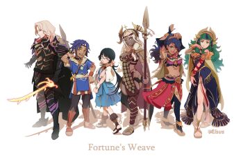  2boys 4girls absurdres alisus_art armor black_armor black_hair blue_hair breasts cai_(fire_emblem) character_request cleavage copyright_name dark-skinned_female dark-skinned_male dark_skin dietrich_(fire_emblem) fire_emblem fire_emblem:_fortune's_weave full_body glasses green_eyes green_hair grey_hair height_difference highres holding holding_polearm holding_sword holding_weapon large_breasts leda_(fire_emblem) long_hair looking_at_viewer low_twintails medium_breasts midriff multiple_boys multiple_girls navel nintendo pale_skin pointy_ears polearm simple_background smile sothis_(adult)_(fire_emblem) sothis_(fire_emblem) spear stomach sword theodora_(fire_emblem) twintails weapon white_background  rating:General score:3 user:danbooru