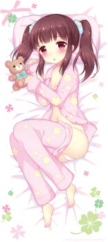 10s 1girl :o barefoot blush brown_hair female_focus idolmaster idolmaster_cinderella_girls lying navel ogata_chieri on_side pajamas panties pillow red_eyes solo star_(symbol) star_print stuffed_animal stuffed_toy teddy_bear twintails underwear wasabi_(sekai) rating:Sensitive score:38 user:danbooru