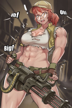  1girl _clothing absurdres baseball_cap belt black_belt black_boots blunt_bangs boots border breasts brown_eyes brown_hair brown_shorts cleavage clothing_request commentary crop_top day dutch_angle fio_germi floating_hair fluffydus gatling_gun glasses gloves green_hair green_vest grey_gloves gun hat head_tilt highres holding holding_gun holding_weapon huge_breasts indoors knee_pads looking_at_viewer medium_hair metal_slug midriff minigun muscular muscular_female navel ponytail short_side_ponytail shorts side_ponytail solo surprised tank_top torn_clothes torn_shorts vest weapon white_tank_top 