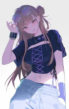  1girl absurdres armlet black_shirt blonde_hair blush bracelet breasts brown_hair cleavage_cutout closed_mouth clothing_cutout criss-cross_strings crop_top cropped_jacket earrings eyewear_on_head glasses grey_eyes grey_pants hair_bun highres jewelry large_breasts long_hair looking_at_viewer midriff midriff_peek myabit navel necklace original panties pants purple_panties purplee_nails round_eyewear shirt short_sleeves simple_background single_hair_bun smile solo studded_bracelet sweatpants tongue tongue_out underwear white_background 