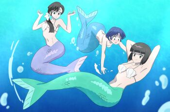  3girls armpits arms_behind_head arms_up ass bikini bikini_top_only blue_hair blush breasts brown_hair cleavage fins highres kiria021 long_hair looking_at_viewer mermaid monster_girl multiple_girls navel ponytail ranma_1/2 shell shell_bikini short_hair swimsuit tendou_akane tendou_kasumi tendou_nabiki underwater 