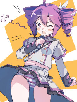  1girl akayama_yukihe belly clothes_lift commentary_request drill_hair highres kasane_teto looking_down microphone panties red_hair shirt_lift simple_background synthesizer_v twin_drills under_skirt underwear utau wind wind_lift 