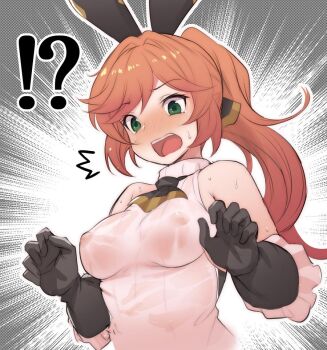 !? 1girl ^^^ black_gloves black_ribbon blush breasts clarisse_(granblue_fantasy) female_focus gloves granblue_fantasy green_eyes impossible_clothes kztk long_hair looking_down medium_breasts nipples no_bra open_mouth orange_hair ponytail ribbed_shirt ribbon see-through_clothes shirt solo spoken_interrobang surprised sweatdrop swept_bangs turtleneck upper_body wet wet_clothes white_shirt rating:Questionable score:38 user:danbooru