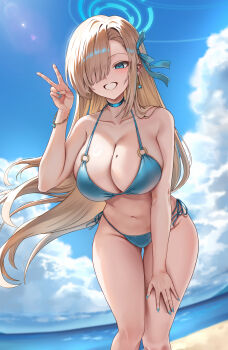  1girl absurdres alternate_costume asuna_(blue_archive) beach bikini blonde_hair blue_archive blue_bikini blue_eyes blue_halo blue_ribbon breasts cleavage cloud cloudy_sky earrings feet_out_of_frame female_focus from_below hair_over_one_eye halo hand_on_own_thigh highres jewelry large_breasts leaning_forward lnji_(rnlwls34) long_hair looking_at_viewer looking_down mole mole_on_breast navel o-ring o-ring_bikini ocean ribbon side-tie_bikini_bottom sidelocks sky solo swimsuit v  rating:Sensitive score:31 user:danbooru
