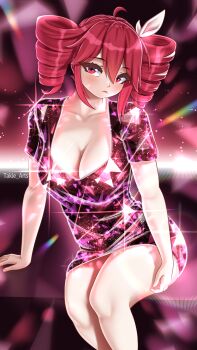  1girl absurdres ahoge blush breasts cleavage crystal crystal_dress dress glowing glowing_dress hair_between_eyes hair_ribbon highres kasane_teto lipstick long_hair looking_at_viewer makeup medium_breasts red_dress red_hair ribbon shiny_clothes shiny_skin simple_background sparkle sparkle_background takie_arts twintails vocaloid  rating:General score:2 user:Takie_Arts