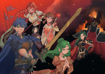  4boys 4girls armor ashnard_(fire_emblem) black_hair black_knight_(fire_emblem) blue_eyes braid brown_hair charmwitch elincia_ridell_crimea fingerless_gloves fire_emblem fire_emblem:_path_of_radiance flag gloves green_hair hair_bun highres holding holding_staff holding_sword holding_weapon ike_(fire_emblem) long_hair mist_(fire_emblem) multiple_boys multiple_girls nintendo petrine_(fire_emblem) red_hair shoulder_armor smoke soren_(fire_emblem) staff sword titania_(fire_emblem) weapon 