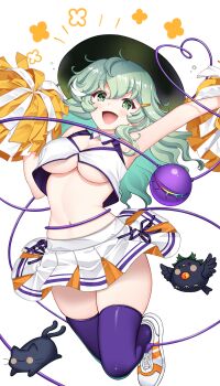  1girl :d alternate_costume bird black_cat black_hat breasts cat cheerleader chibi cleavage commentary_request crop_top crow flower_symbol green_eyes green_hair happy_aura hat hataraki_kuma heart heart_in_eye highres jumping kaenbyou_rin kaenbyou_rin_(cat) komeiji_koishi long_hair medium_breasts miniskirt open_mouth pleated_skirt pom_pom_(cheerleading) purple_thighhighs reiuji_utsuho reiuji_utsuho_(bird) shirt shoes simple_background skirt smile sneakers symbol_in_eye thighhighs touhou underboob variant_set white_background white_shirt white_shoes white_skirt zettai_ryouiki 