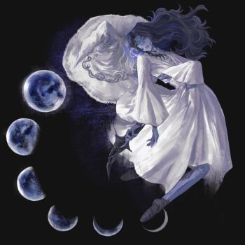  1girl absurdres black_background blue_eyes blue_hair blue_skin bokkusu98777681 colored_skin dagger doll_joints dress elden_ring extra_arms extra_faces floating_hair full_body full_moon glowing glowing_tattoo hair_intakes hashtag-only_commentary highres holding holding_dagger holding_knife holding_weapon joints knife large_hat long_hair long_sleeves moon moon_phases parted_lips ranni_the_witch solo tattoo weapon white_dress wide_sleeves 