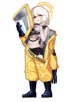  1girl absurdres aoba_(blue_archive) black_boots black_gloves black_shorts blonde_hair blue_archive blush bodysuit boots commentary covered_navel fluffy_hair full_body gloves halo hazmat_suit highlander_railway_academy_logo highres kohuku_00 long_hair looking_at_viewer low_twintails open_bodysuit open_clothes open_mouth orange_halo oxygen_mask oxygen_tank red_eyes shorts simple_background solo twintails wet wet_clothes white_background 